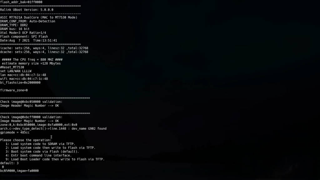 Terminal output while booting up the router